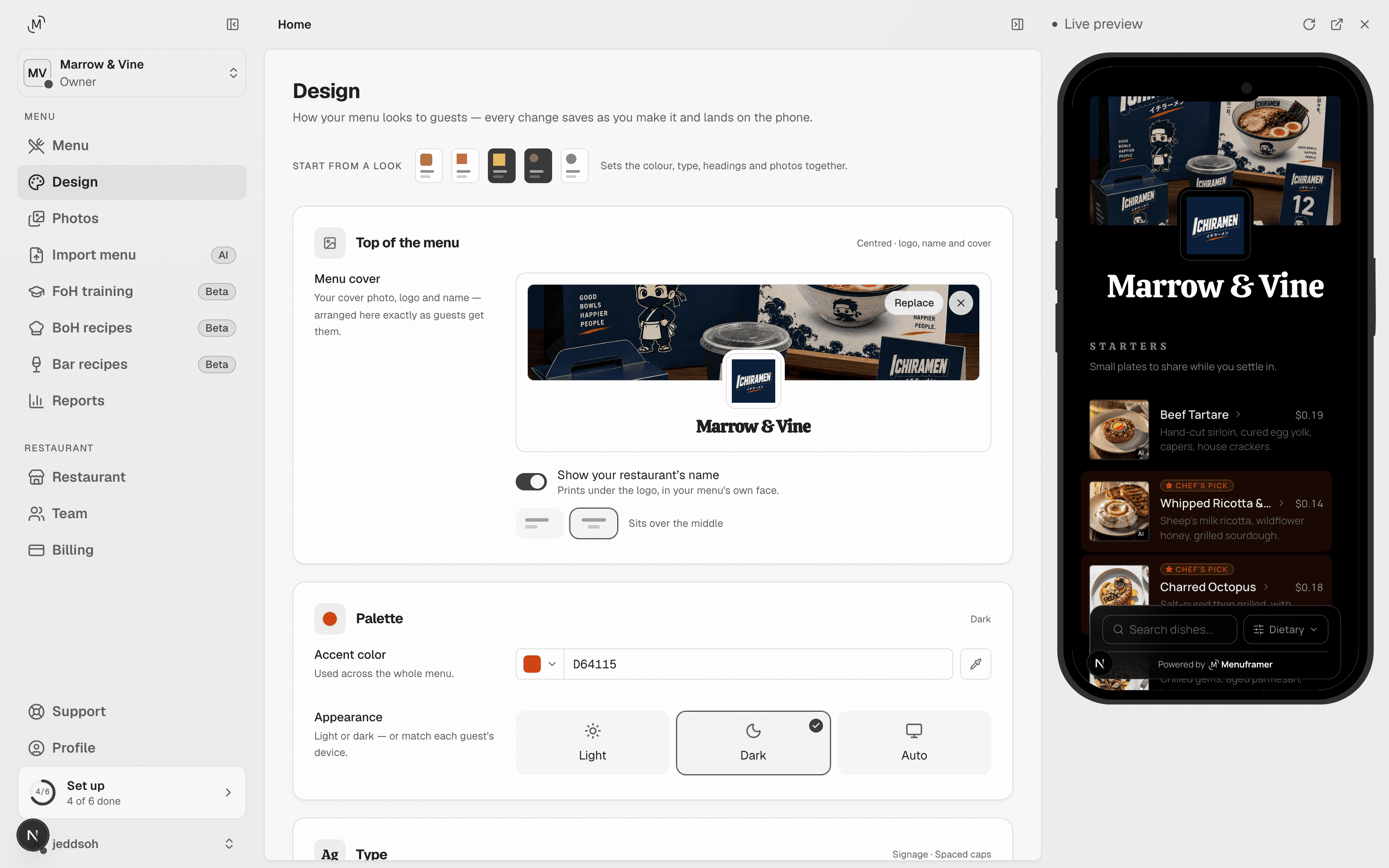 The MenuFramer design studio: menu cover, accent colour and appearance controls beside a live phone preview of the themed guest menu.