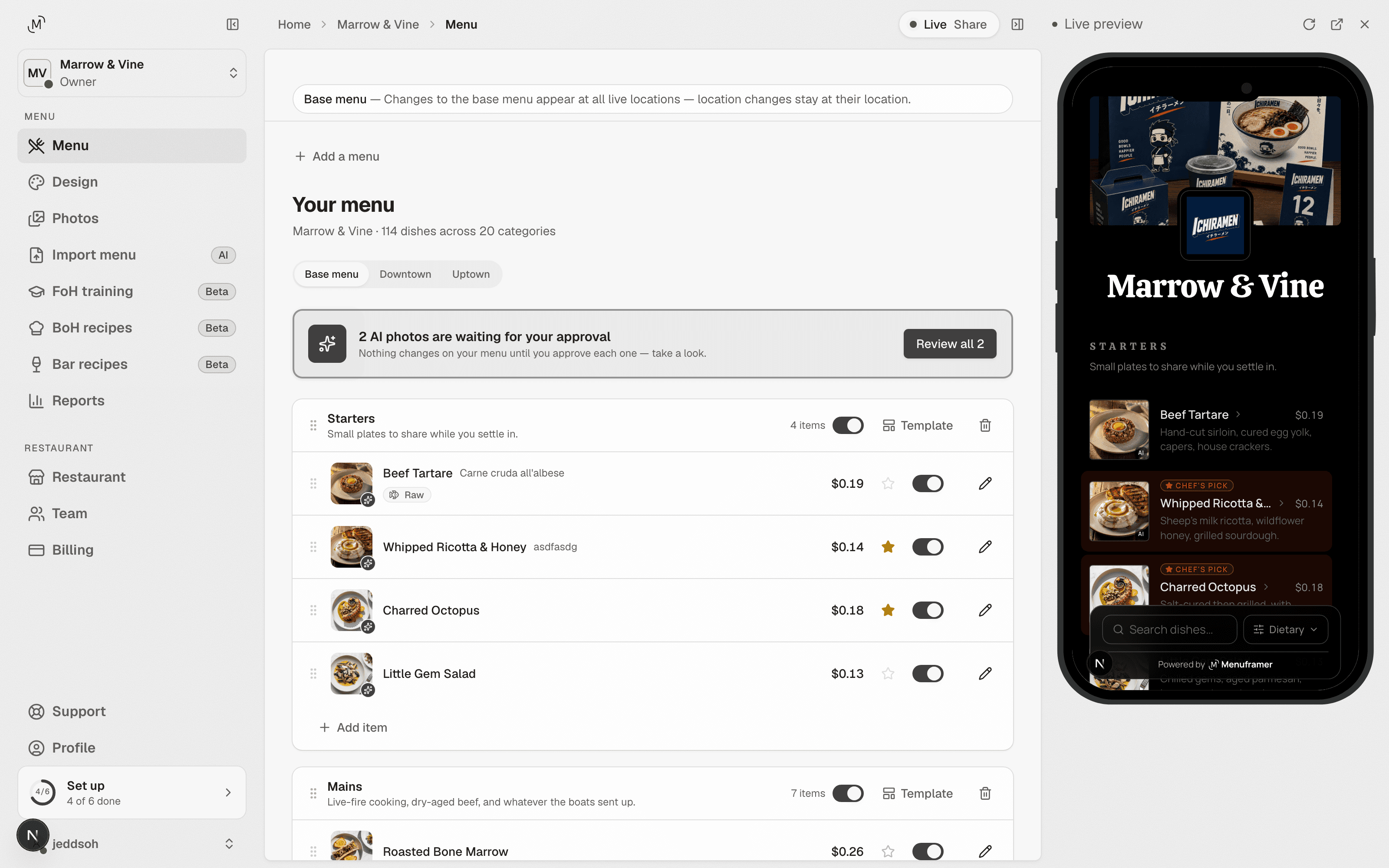 The MenuFramer studio: sections and dishes with photos and prices on the left, a live phone preview of the guest menu on the right.