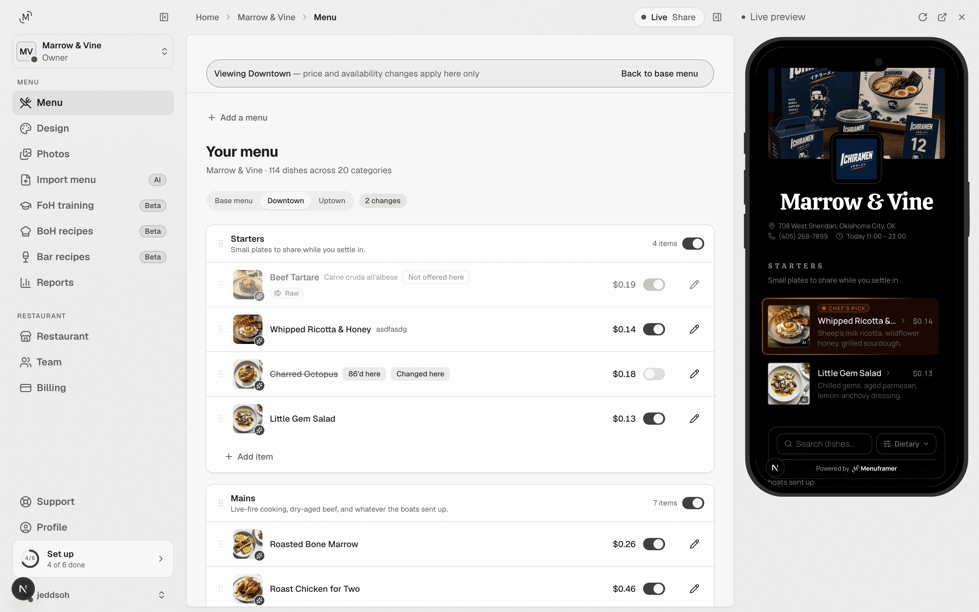MenuFramer's studio filtered to one location: the menu with each dish's location facts marked — not served here, 86'd here only, a local price.