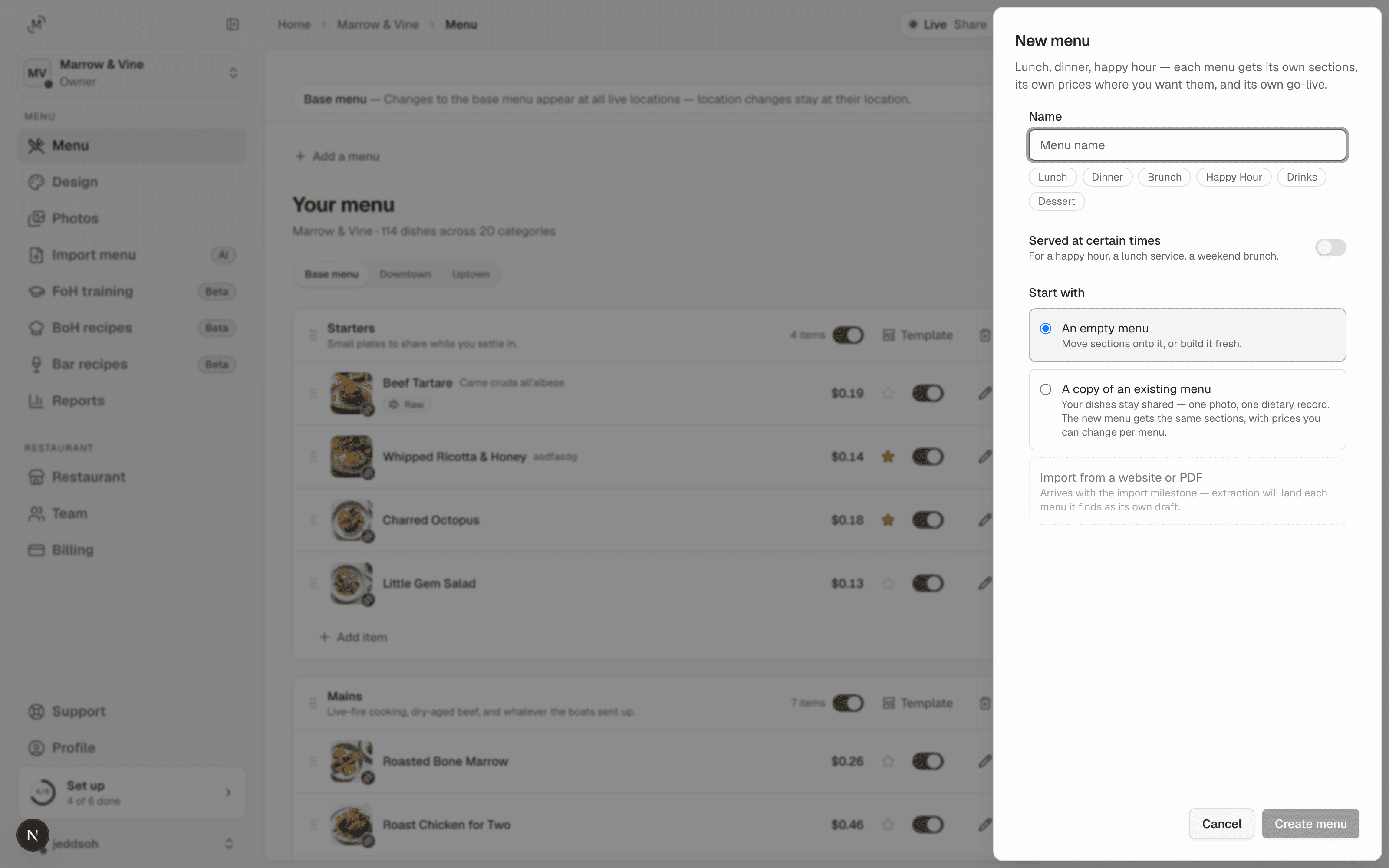Creating a new menu in MenuFramer: name suggestions like Lunch, Dinner and Happy Hour, serving-time windows, and the choice to start empty or from a copy of an existing menu.