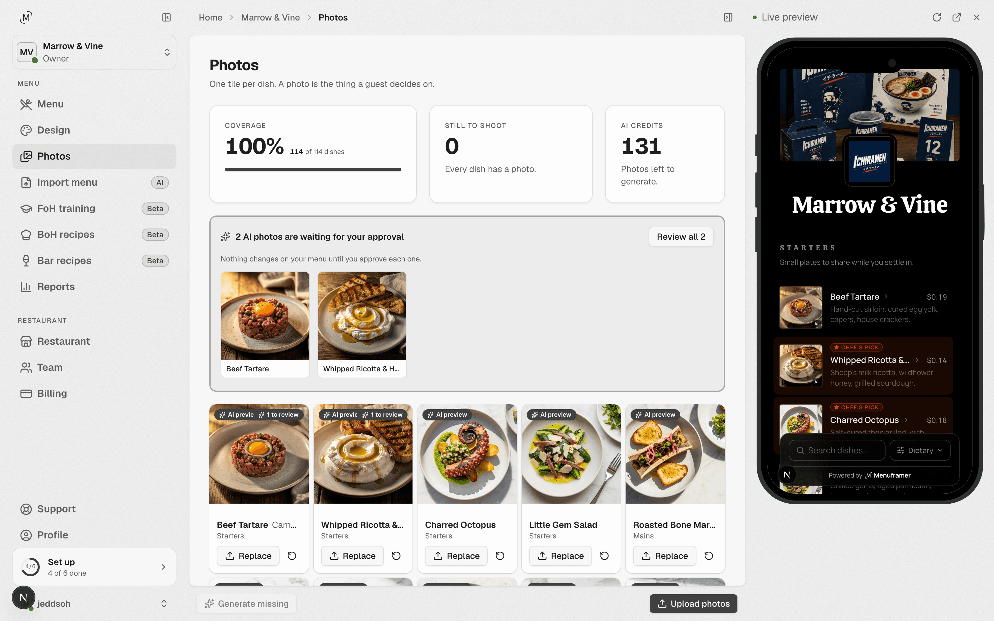 The MenuFramer photos screen: coverage at a glance and a tile for every dish on the menu.