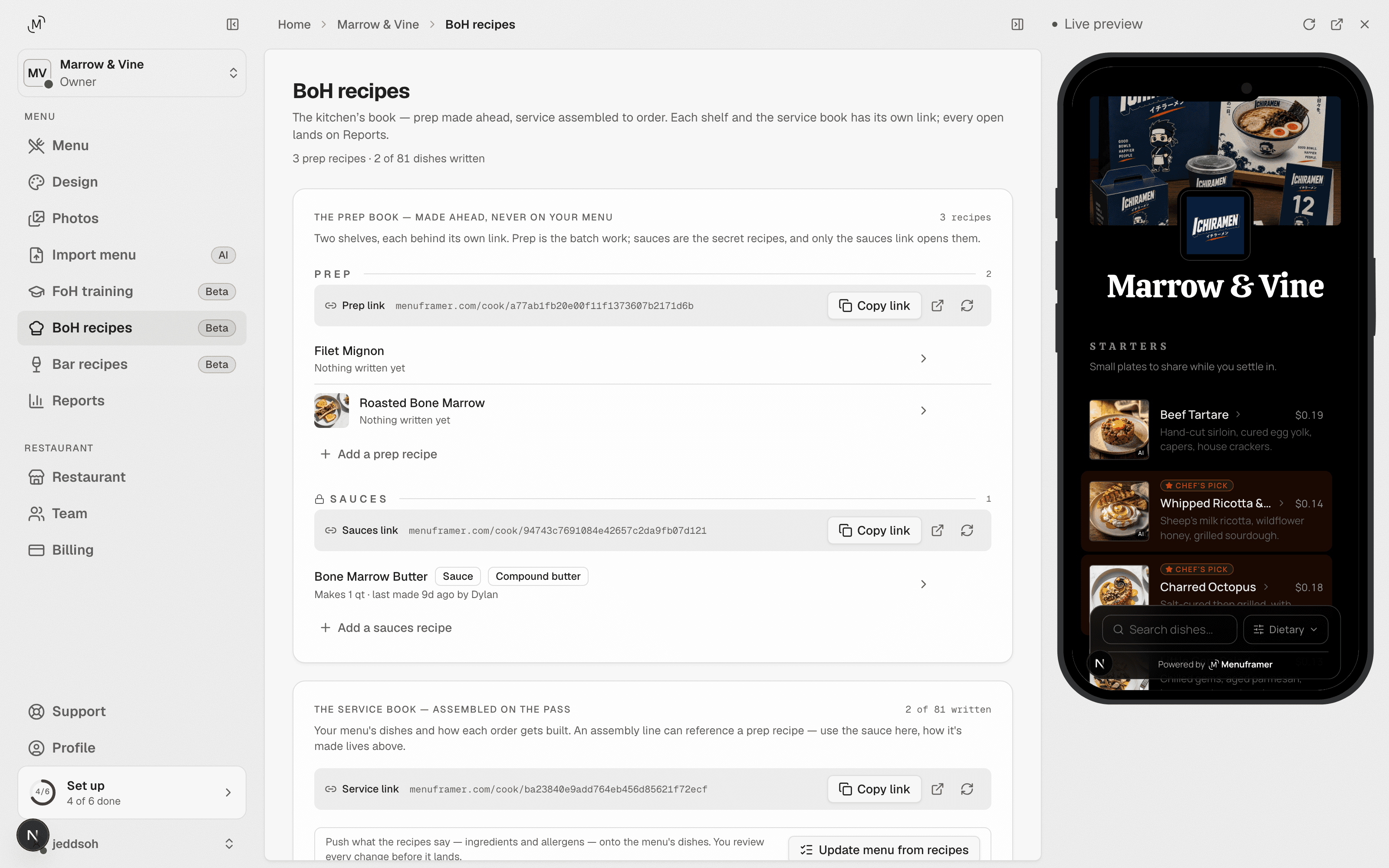 MenuFramer's BoH recipes screen: the prep book and the service book, each behind its own shareable link, with a locked shelf for secret sauces.