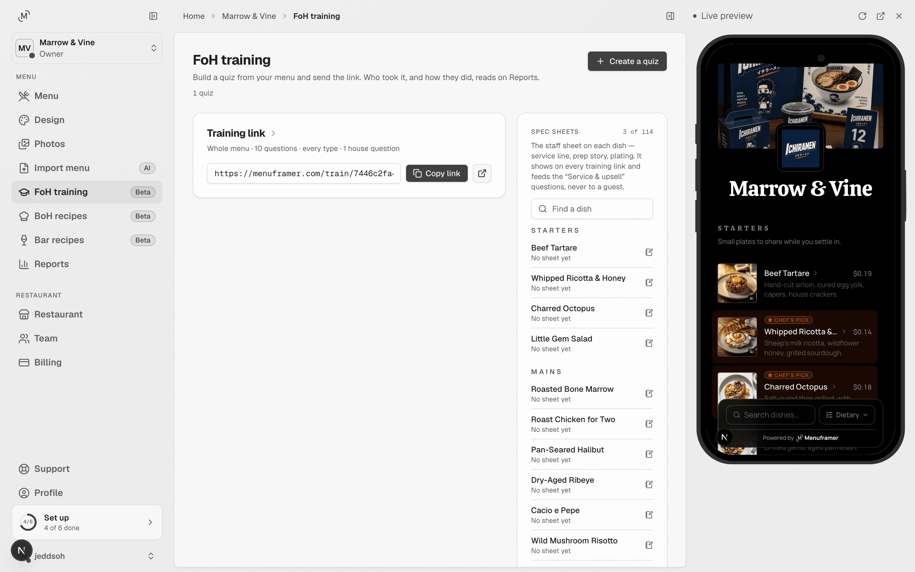 MenuFramer's FoH training screen: a shareable training link, per-dish spec sheets, and quiz building from the live menu.